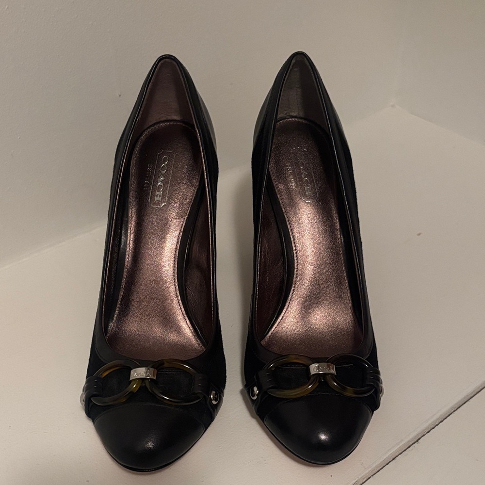 Coach Black Leather Heels with Gold Accents